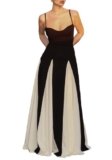 LETSVDO Women’s Spaghetti Strap Color Block Dress Sleeveless Corset Patchwork Pleated Flowy Prom Party Maxi Dresses Black White