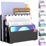 OUTIOE Mail Organizer Countertop, Small Desk File Organizer, Metal File Holder – Essential Workspace Organizers for Office Desk, Home Office (Black)