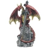 Hmusnwol Dragon Statue with Medieval Sword-Collection Figurine Fantasy Decor – Red Dragon Standing Gothic Castle for Tabletop Bookshelf Housewarming Gifts