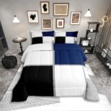 Erosebridal Geometric Comforter Set Queen Size for Adults Teens,Black and White Abstract Bedding,Navy Blue Striped Grid Quilt for Minimalist,Modern Art Patchwork Bedding Comforter Sets