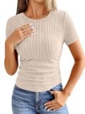 ANRABESS Womens Tops Short Sleeve Crewneck Shirts Slim Fit Ribbed Knit Lightweight Sweater 2026 Summer Dressy Casual T-Shirts Light Khaki X-Large
