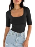 ANRABESS Womens Half Sleeve Tops Square Neck Slim Fit T-Shirt Summer 2026 Fashion Casual Basic Tee Shirts Spring Work Outfits Black Large