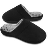DL Men’s Memory Foam Slippers with Fuzzy Plush Lining, Slip on House Slippers with Indoor Outdoor Anti-Skid Rubber Sole, Black, 9-10