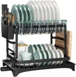 2-Tier Dish Drying Rack with Knife Slots, Dish Racks for Kitchen Counter, Space-Saving Kitchen Organizer for Plates, Bowls, Cups, Dish Drainer with Removable Drainboard & Cutlery Holder (Black)