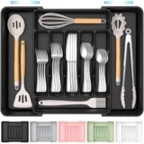 ukeetap Extra Large Expandable Silverware Organizer, BPA-Free Food-Safe Cutlery Flatware Organizer, Kitchen Utensil Drawer Organizer, Adjustable Silverware Holder for Spoons Forks Knives, Black