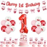 Kreatwow Cherry Bow 1st Birthday Decorations Cherry 1st Birthday Banner Cherries Bow Garland Sweet One Cherries Cake Topper She’s The Cherry On Top Decoration Summer Fruit Party Balloon Decor