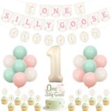 Kreatwow Silly Goose 1st Birthday Decoration for Girls Vintage One Silly Goose Birthday Banner Garland Funny Geese First Bday Cake Topper Our Little Geese Is Turning One Farm Animal Party Balloon
