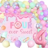 Donut 4th Birthday Party Decorations Four Ever Sweet Backdrop Sweet Candy Ice Cream Backdrop Dessert Theme Balloon Garland Arch for Girls Four Years Old Summer Ice Cream Sweet Party Supplies