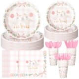 Havawish 175pcs One Silly Goose Birthday Party Tableware Set for 25 Guests – Pink Bow Decor – Includes Plates, Cups, Napkins, Forks, Spoons, Knives