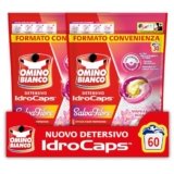 Omino Bianco Idrocaps – Detersivo Lavatrice in Capsule Salva Fibre, 60 Lavaggi, Efficace a Basse Temperature, Profumo Ninfea Rosa, 30 Caps x 2 Confezioni