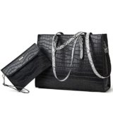 Laptop Bag for Women 15.6 inch Laptop Tote Bag Leather Classy Computer Briefcase for Work Waterproof Handbag 2pcs Set Crocodile-black