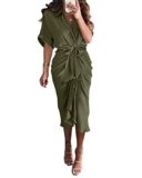 BTFBM Women Button Down Ruched Shirt Dresses Satin Short Sleeve Lapel V Neck Summer Maxi Dress 2025 Party Wedding Guest(Army Green, Large)