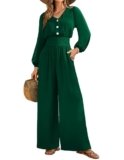 LOOKBOHO Long Sleeve Womens Jumpsuits Dressy Casual 2025 V Neck High Waist One Piece Wide Leg Romper Green Large