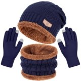 Winter Beanie Hat Scarf and Gloves Set For Men Women，Warm Beanie Hat Soft Neck Scarf and Touch Screen Gloves for Cold Weather