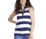 Motherhood Maternity Women’s Sleeveless Rib Knit V-Neck Polo Pregnancy Top, Navy White Stripe, Large