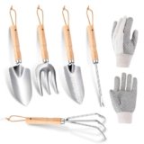 Garden Tools 5-Pieces, Heavy Duty Gardening Hand Tools with Wooden Handle, Canvas Gloves, Stainless Steel Material, Rust-Proof Garden Tool Set, Ideal Gardening Gifts for Women