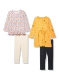 Amazon Essentials Girls’ Long-Sleeve Outfit Set, Pack of 4, Gold/Ditsy Floral, Large