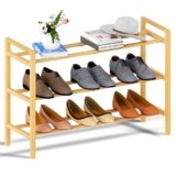 Haddockway Bamboo Shoe Rack for Closet, Free Standing Shoe Organizer with Smooth Round Rods & Convenient Handles, Stackable Shoe Storage Shelf for Entryway, Hallway(Natural, 3-Tier)