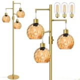 LVYE Gold Floor Lamps for Living Room, Modern Standing Lamp with Amber Glass Shape, Dimmable 3 Lights Tall Lamps Tall Pole Lamp, 3 x 600LM LED Edison Bulbs Included