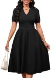 MarryUP Casual Dresses for Women 2024 Summer Short Sleeve Semi-Formal Knee Length V Neck Casual Office Work Ladies Dress with Pockets Black XL