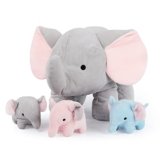 WEIGEDU Elephant Plush Toy Set – 4-Piece Stuffed Animal Family with Zipper Storage | Soft Elephant Dolls for Toddlers & Kids | Grey, Blue, Pink Nursery Decor