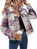 NILOINE Women Fashion Flannel Button Down Shirt Long Sleeve Plaid Button Up Cropped Shacket Jackets Fashion Coat with Pockets(1-Pink,X-Large)