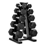 Cap Barbell 150 LB Rubber Coated Hex Dumbbell Hand Weight Set with Vertical Storage Rack – Chrome Handle | Black Rack