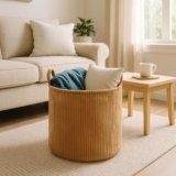 PUTSKA Blanket Basket – Round Storage for Toys and Blankets, Clothes, Stuffed Animals – Soft Baby Girl Basket for Nursery, Kids Room, Bedroom, Living Room – Large, Brown