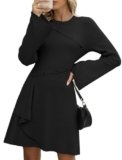ZAFUL Black Dresses for Women Party Ribbed Knit Sweater Dress Long Sleeve Mini Pullover Sexy Fall Casual Crew Neck Club Dress