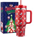 TaroKitc 40 oz Christmas Tumbler with Handle and Straw, Xmas Insulated Stainless Steel Travel Coffee Mug, Cup Holder Friendly, Christmas Gifts for Women Men, Red Santa Claus Star