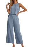 IWOLLENCE Women’s Summer 2 Piece Outfits Set Round neck Sleeveless Tank Crop Top Wide Leg pants Set Pockets Jumpsuits Blue Gray Medium