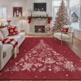 PureCozy Christmas Area Rug 6×9 for Living Room Red Washable Non Slip Rug Soft Low Pile Large Carpet Xmas Gift Tree Holiday Decor Throw Rug for Office Dining Room Bedroom