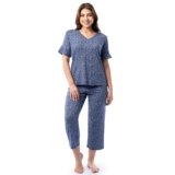 Fruit of the Loom Women’s 360 Stretch Ruffle Sleeve V-Neck Tee and Capri Sleep Pajama Set, Small Bloom, Small