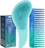 Lily England Detangler Brush & Comb Set – Lightweight Wide Tooth Detangling Tool for Women & Kids – Smooths Curly, Straight, Dry, Fine, & Thick Hair, Blue Glitter