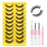 FADLASH False Eyelashes Kit 10 Pairs Cat Eye Lashes Mink Lashes Wispy with Lash Bond and Seal and Tweezer Fake Eyelashes Natural Look Handmade Eyelashes Fake Lashes Strips (LZ-201 Kit)