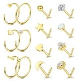 LOLIAS Hypoallergenic 14K Gold Plated Nose Rings Studs 20G 316L Surgical Steel Nose Ring 14K Gold Plated L Shaped Nose Studs Hoop Nose Rings Set for Women Men Nose Piercing Jewelry(14Pcs) Multiple