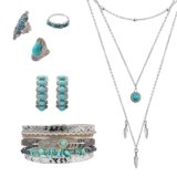 JRAIYBZ 3 Pcs Western Jewelry for Women,Bohemian Turquoise Dangle Earrings,Bullhead Pendant Layered Choker,Boho Faux Leather Wristband,Country Concert Cowgirl Accessories,Jewelry for Women