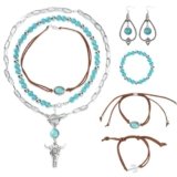 YRYUNRUI 8PCS Layered Western Jewelry for Women, Bohemian Turquoise Necklace Set, Vintage Boho Jewelry Suede Choker Ox-head Chain Cactus Pattern and Turquoise Bracelet Dangle Earrings