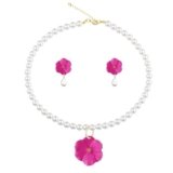 Vavhoo Flower Pearl Necklace Earrings for Women Boho Bridal Wedding Jewelry Floral Faux Pearl Charm Necklace Gold Bud Stud Earrings Handmade Bohemian Costume Birthday (Hot Pink)