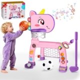 Toddler Basketball Hoop, Soccer Goal, Golf Toy & Ring Toss, Baby Toys for 1 2 3 Year Old Girls, Kid Sports Toys with Light and Music, Unicorn Toy for 12-16-18 Months, Christmas Birthday Gifts for Girl
