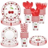 MEHOFOND 168Pcs Cherry Birthday Party Supplies, Coquette Cherry with Bow for Girl Birthday Baby Shower Party Decorations Disposable Cherry on TOP Paper Plates Tableware Set for 24 Guests
