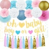 Baby Gender Reveal Decorations Kit, Blue and Pink Tissue Paper Poms, Boy or Girl Banner, Paper Lanterns, Tassels Garland, Hanging Swirl – Gender Reveal Ideas Boy Or Girl