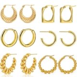 6 Pairs Gold Hoop Earrings for Women,14K Gold Plated Lightweight Chunky Hoop Earrings,Twisted Huggie Hoops Earring Set Hypoallergenic Jewelry for Gifts (B-Gold)