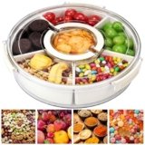 Snackle Box Container Divided Serving Tray with Lid, 6-Compartment Portable Spinning Round Stackable Container, Handle for Organize Veggies, Fruit, Candy, Party Snacks, Nuts, Kitchen Party Essentials