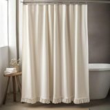 TURKIO Linen Shower Curtain Boho Beige Shower Curtains for Bathroom Thick Fabric Shower Curtain with Tassels Neutral Shower Curtains Rustic Farmhouse Bath Decor 72 Inch