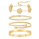 Solistra 18K Gold Plated Bangle Bracelets for Women Stackable Nail Tennis Clover Love Bracelets Non Tarnish Gold Jewelry Set
