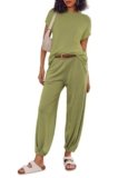 Ekouaer Two Piece Outfits Lounge Sets for Women Sweater Sets Knit Short Sleeve Tops Jogger Pants Matching Tracksuit,Army Green,Small