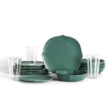 Stone Lain Baskerville 16-Piece Dinnerware Set Stoneware, Borosilicate Glass, Green