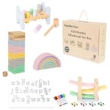 Wooden Toys for Kids, 5 in 1 Learning Educational Set (Includes Rainbow Stacker, Hammering Pounding, Race Track, Tumbling Tower Blocks, Alphabet Writing)- Gift for Boys Girls