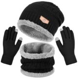 Winter Beanie Hat Scarf and Gloves Set For Men Women，Warm Beanie Hat Soft Neck Scarf and Touch Screen Gloves for Cold Weather